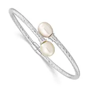 Sterling Silver Rh-Pl 8-9mm White Rice Fwc Pearl Hinged Bangle