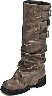 [AIUNIIND] Knee High Boots for Women Fold Over Boots Slouchy Square Toe Biker Boots Platform Riding Boots Gothic Moto Buckle Boots