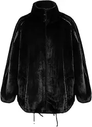 [Generic] Women Winter Thick Warm Soft Fluffy Faux Fur Jacket Long Sleeve Stand Collar Zip Up Furry Sweatshirt