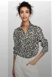 Theory Womens Button Up Long Sleeve Collared Leopard Silk Top White Black Medium