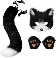 Furry Tail And Ears | Animal Tail Cosplay Costume,Furry Cat Tail And Paw Gloves Set, Faux Wolf Masquerade Costume Fun For Halloween Parties And Events, Black and white, A