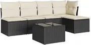 vidaxl Poly Rattan Garden Sofa Set with Cushions – Modular 6 Piece Black Outdoor Seating with Storage – Patio/Lawn/Terrace Furniture with Tempered Glass Table - Modern Style