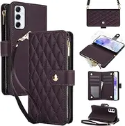 [Asuwish] Mobile Phone Case for Samsung Galaxy A55 5G Case with Strap Film Protective Film Card Slot Foldable Leather Wallet Stand A 55 55A A555G Mobile Phone Cases Protective Zip Phone Case Dark Purple