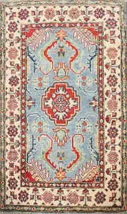Geometric Super Kazak Light Blue/ Ivory Wool Handmade Oriental Accent Rug 3x4