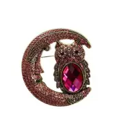 Sparkly Pink Crystal Owl & Moon Brooch Gold Tone