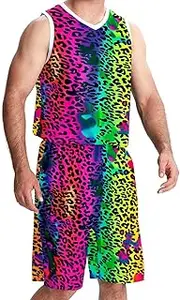 [KQNZT] Basketball Jersey for Men, Jersey Shorts Outfit Set, Men's Athletic Basketball Jerseys, Leopard Rainbow Fashion Colorful