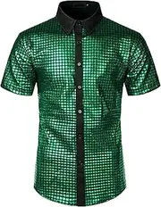 [VgueElegc] Men's Disco Shirt Sequins Short Sleeve Button Down Shirts for Disco Sequin Shirt Short Sleeve for Men