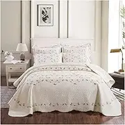 Quilt Set Bedspreads Queen King Bedspread for All Season Beige 100% Cotton Embroidery Lightweight Coverlet King Queen 3Pieces,1 Quilt,2 Pillow Shams (Color : Beige, Size : 250x270cm-98x106 inch)