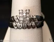 10k White Gold Rectangular Cluster Round Diamonds Bridal Set Wedding Rings NEW