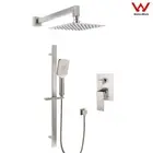 Brushed Nickel 8-12" Shower Head Slide Rail Straight Arm Mixer Valve Square Set