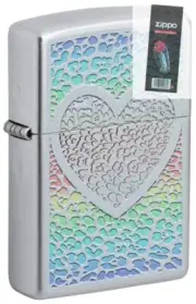 Zippo 49780 Heart Design Satin Chrome Windproof Lighter + FLINT PACK
