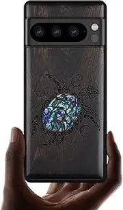 [Carveit] Designer Wooden Case for Google Pixel 8 Pro Case Cover [Wood Engraving & Shell Inlay] Compatible with Wireless Chargers Pixel 8 Pro (Sea Turtle-Blackwood)