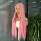 Women's Long Straight Lace Front Wig Cosplay Party Pink with Rose Pink Highlight
