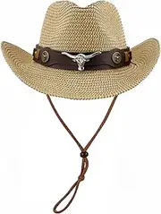 [Generic] Women's Straw Cowboy Hat for Men Foldable Cowgirl Hats Classic Sun Hat Shapeable Wide Brim Western Cowboy Hat with Chin Strap