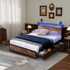 Queen Bed Frame with Industrial RGB LED, USB Charging Headboard Storage Drawers