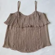 NEW Sanctuary Top L Mauve Greige Pleated Tiered Ruffle Chiffon Spaghetti Adjust