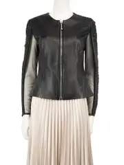 Black Leather Sheer Sleeves Jacket