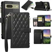 Boyobacase for Googie Pixel 7 5G Wallet Case,for Googie Pixel 7 5G Case, PU Leather Wallet Flip Cover Stand Feature[6 Card Slots] [1 Zipper Coin Pocket] with Wrist Strap-Black
