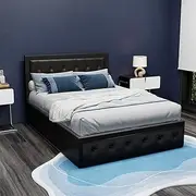 Artiss Double Bed Frame Platform Tufted Headboard Frames Gas Lift Beds Base with Storage Space Bedroom Room Decor Home Furniture, Upholstered with Black PVC Leather + Foam + Wood