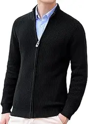 [SWJGLITTR] Men's Stand Collar Sweater Cardigan Full Zip Up Knitted Cardigans Ribbed Knitted Jackets for Men, Black, Medium