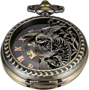 [Whodoit] Bronze Men's Antique Mechanical Pocket Watch, Skeleton Mechanical Roman Numerals Pocket Watch with Chain + Box
