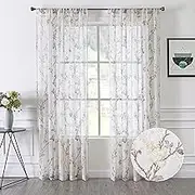 Tollpiz Floral White Sheer Curtain Flower Print Vine Embroidery Bedroom Curtains Rod Pocket Voile Window Curtain for Living Room, 54 x 84 inches Long, Set of 2 Panels