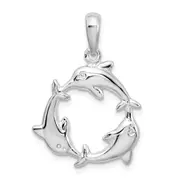 Sterling Silver De-Ani Rhodium-Plated Polished 3 Dolphin Circle Pendant