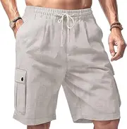 [Aosufei] Men's Elastic Waist Comfort Outdoor Cargo Short Casual Cotton Linen Beach Shorts Drawstring Solid Work Summer Shorts