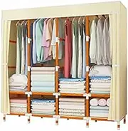 Portable Wardrobe Rack,Fabric Wardrobe, Portable Clothing Storage Shelf Solid Wood Assembly with Partition Cupboard Clothing Hanging Rail Beige