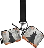 [XYMZR] Mini Zip Around Wristlet keychain Wallet Witch Orange Forest for Women Personalized Pattern Detachable Dual Pouch Wristlet Portable Wallet Phone Coin Purse, Multi-colored, One Size