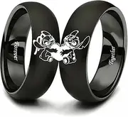[LWJYX] Stitch & Angel Couple Rings for Him and Her Love Heart Forever Together Lovers Ring Stainless Steel Anniversary Promise Wedding Band Black