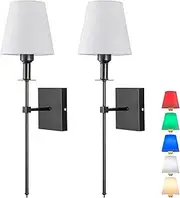 Wall Lights Battery Operated Wall Sconces Set of 2，Indoor not Hardwired Fabric Shade Fixtures,Rechargeable Wireless Wall Sconces with Dimmable Remote Control,for Bedroom,Farmhouse (Black)