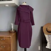 BADGLEY MISCHKA Folded Collar Crepe Sheath Day Dress Plum Size 6 Belted