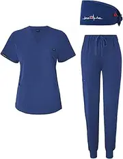 [BuyiRen] Women's V-Neck Scrubs Set With Cap, Stretchy Top and Jogger Pants, 11 Pockets Nursing Uniform
