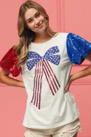BiBi Sequin Short Sleeves American Flag Bow Ribbon Embroidered Top | Off White
