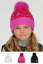 C.C Exclusive Girls Boys Kids Soft Knit Shiny Sequin Beanie Hat with Fur Pom