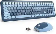 Fogruaden Quiet Blue Wireless Keyboard and Mouse, 2.4GHz Retro Cute Typewriter-Style Full-Size Colorful Keyboard and Mouse Combo, Slim Design, Low-Noise Typing for Home, Office, Windows PC, Laptop