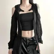 Long-Sleeve Cold-Shoulder Plain Hooded Crop Top Black - M