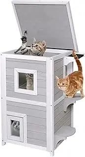 Costway 2-Story Wooden Cat House, Indoor/Outdoor Cat Shelter with Opening Asphalt Roof, Trap-Door, Window, Jump Steps, Detachable Shelf, Inner Entryway, Kitten Condos for Cats, Dog, Grey