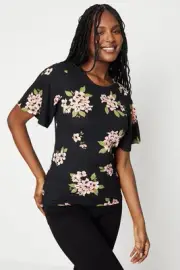 Dorothy Perkins Womens T-Shirt Floral Crew Neck Flutter Sleeve Top