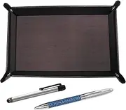 TRATYO-ALST-PD03-L Chevrolet Choco Color Cowhide Leather Pen Tray Metal Touch Stick Silver and Genuine Leather Winding Rotating Ballpoint Pen Director Set Blue