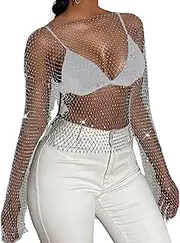 [Meladyan] Women Sexy Sheer Mesh Rhinestone Tee Shirt Long Sleeve Crewneck See Through Hollow Out Solid Going Out Smock Tops