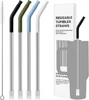 Prurex Reusable Stainless Steel Straws with Silicone Tips for 40 oz Tumbler,4 Pack 12.2"Long Metal Drinking Straws for Glass Cups,Easy-Clean & BPA-Free（0.31" Tips 4)