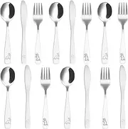9/15Pcs Kids Silverware Set 410 Stainless Steel Kids Fork Spoon and Cutter Set Toddler Utensils Safe Ergonomic Funny Dinosaur Kids Flatware Set Dishwasher Safe for Toddlers 24 Months and Above (15PCS)