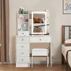 Vanity Makeup Desk Dressing Table With LED Mirror 6 Drawers Storage Stool Set