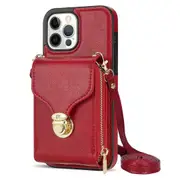 For iPhone 13 Pro 6.1 inch Back Case Zipper Card Holder Kickstand Phone Cover with Shoulder Strap