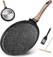 Non-Stick Crepe Pan 28 cm (11 Inch), PFOA-Free Non-Toxic Coating, Gas/Electric/Induction Stovetop Compatible, Includes Silicone Spatula and Wooden Crepe Spreader Tool