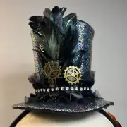 Top Hat Headband Steampunk Gears Black Feather Rhinestones One Size Halloween