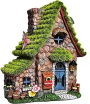 ASAWASA Resin Fairy House Statues with Solar Powered Lights, Funny Garden Sculptures with Flocked and Cobblestone Decor, Exquisite Garden Cottage Figurines
