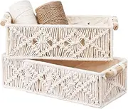 2Pcs Macrame Storage Baskets with Wooden Handles, FHDUSRYO White Boho Bathroom Decor Woven Baskets for Shelves, Handmade Countertop Toilet Cabinet Organizer Boxes for Living room Bedroom